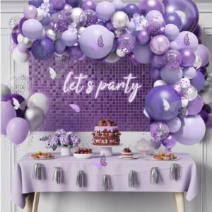 Amandir 145Pcs Purple Balloons Garland Arch Kit for Butterfly Baby Shower Decorations for Girl, 12Pcs Butterfly Stickers Lavender Purple Confetti Metallic Balloon for Birthday Wedding Party Decoration