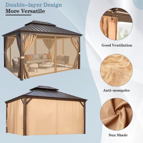 MELLCOM 12' x 14' Hardtop Gazebo, Galvanized Steel Metal Double Roof Aluminum Gazebo with Curtains and Netting, Brown Permanent Pavilion Gazebo with Aluminum Frame for Patios, Gardens, Lawns
