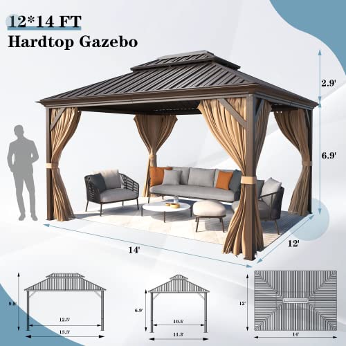 MELLCOM 12' x 14' Hardtop Gazebo, Galvanized Steel Metal Double Roof Aluminum Gazebo with Curtains and Netting, Brown Permanent Pavilion Gazebo with Aluminum Frame for Patios, Gardens, Lawns