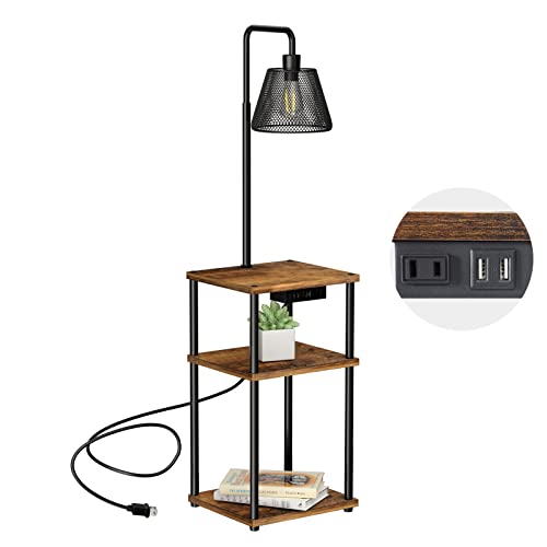 Pazarfami Floor Lamp with Table, Side Table with USB Charging Port and Outlet, Modern Bedside Nightstand End Table with Floor Light for Living Room, Bedroom, Guest Room, Bulb Included