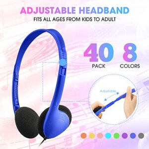 40 Pack Class Set Classroom School Headphones Bulk for Kids Child Children Multi Colored Stereo Over Ear Earphones Student Over The Head Headphones with 3.5 mm Headphone Plug for Adults, 8 Color