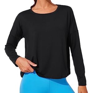 CRZ YOGA UPF 50+ Long Sleeve Shirts for Women Lightweight Workout Crop Tops Sun Protection Outdoor Quick Dry Hiking Shirt Black Medium