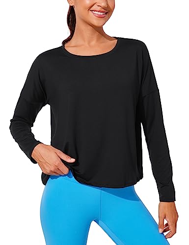 CRZ YOGA UPF 50+ Long Sleeve Shirts for Women Lightweight Workout Crop Tops Sun Protection Outdoor Quick Dry Hiking Shirt Black Medium