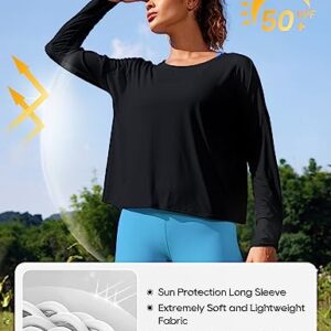 CRZ YOGA UPF 50+ Long Sleeve Shirts for Women Lightweight Workout Crop Tops Sun Protection Outdoor Quick Dry Hiking Shirt Black Medium