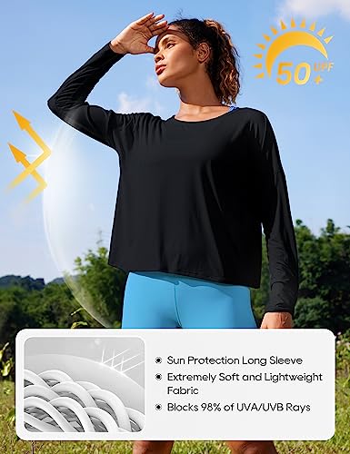 CRZ YOGA UPF 50+ Long Sleeve Shirts for Women Lightweight Workout Crop Tops Sun Protection Outdoor Quick Dry Hiking Shirt Black Medium