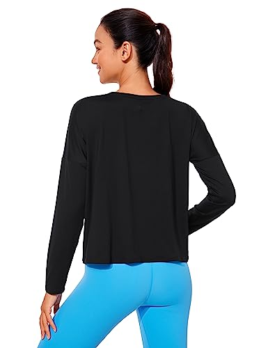 CRZ YOGA UPF 50+ Long Sleeve Shirts for Women Lightweight Workout Crop Tops Sun Protection Outdoor Quick Dry Hiking Shirt Black Medium