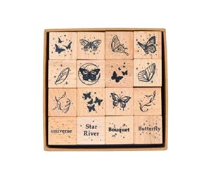 cliocoo 16cs wood rubber stamp set, moon&star decorative wooden stamp set, universe planet stamp for art craft, journal, diary, scrapbook, planner, letter, card making m-26 (5-butterfly)