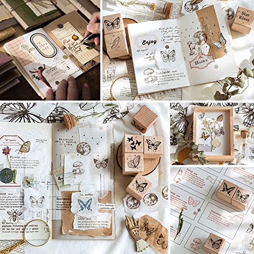 Cliocoo 16cs Wood Rubber Stamp Set, Moon&Star Decorative Wooden Stamp Set, Universe Planet Stamp for Art Craft, Journal, Diary, Scrapbook, Planner, Letter, Card Making M-26 (5-Butterfly)