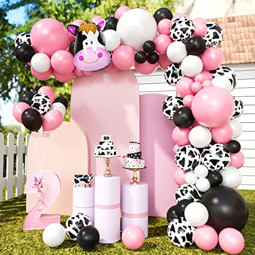 LLTT Funny Cow Balloon Garland Arch Kit, Farm Party Balloon Set of Cow Print Balloons, Pink White Black Balloons for Farm Birthday Party Baby Shower Kid's Bday