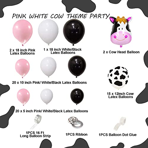 LLTT Funny Cow Balloon Garland Arch Kit, Farm Party Balloon Set of Cow Print Balloons, Pink White Black Balloons for Farm Birthday Party Baby Shower Kid's Bday