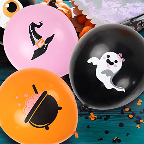 60Pcs Halloween Balloons Set- 12" Halloween Pink Orange Black White Latex Balloons Print with Ghost Boo Bat Witch Hat for Halloween Baby Shower Kids Halloween Birthday Party Favor Decor Supplies