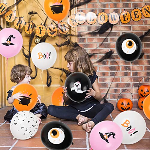 60Pcs Halloween Balloons Set- 12" Halloween Pink Orange Black White Latex Balloons Print with Ghost Boo Bat Witch Hat for Halloween Baby Shower Kids Halloween Birthday Party Favor Decor Supplies