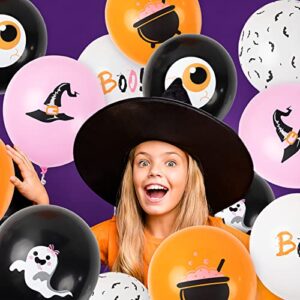 60Pcs Halloween Balloons Set- 12" Halloween Pink Orange Black White Latex Balloons Print with Ghost Boo Bat Witch Hat for Halloween Baby Shower Kids Halloween Birthday Party Favor Decor Supplies