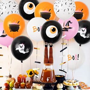 60Pcs Halloween Balloons Set- 12" Halloween Pink Orange Black White Latex Balloons Print with Ghost Boo Bat Witch Hat for Halloween Baby Shower Kids Halloween Birthday Party Favor Decor Supplies