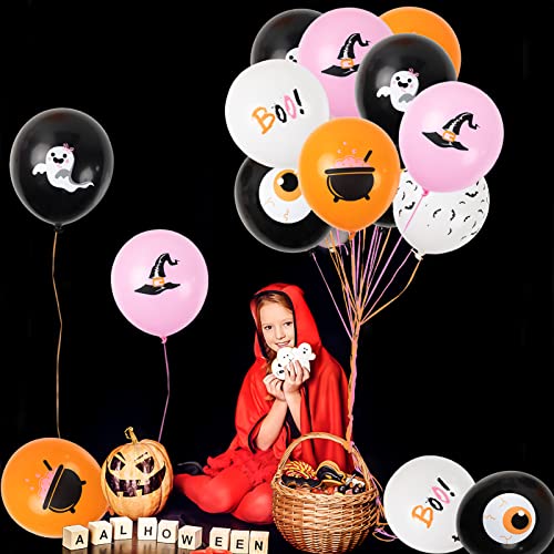 60Pcs Halloween Balloons Set- 12" Halloween Pink Orange Black White Latex Balloons Print with Ghost Boo Bat Witch Hat for Halloween Baby Shower Kids Halloween Birthday Party Favor Decor Supplies