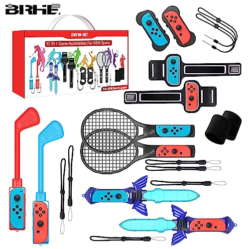 Bundle for Nintendo Switch Accessories,12 in 1 Switch Sports Accessories Bundle for Nintendo Switch Sports, Family Accessories Kit for Switch/OLED Sports Games:Golf Clubs,Tennis Rackets,Sword Grips,Just Dance,Etc.