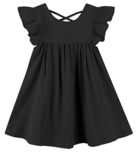 GSVIBK Baby Girls Linen Cotton Dress Halter Flutter Sleeve Casual Dress Toddler Girl Ruffle Sleeve Dress 686 Black 80