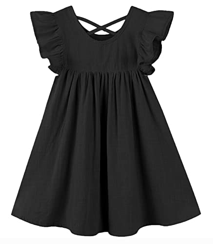 GSVIBK Baby Girls Linen Cotton Dress Halter Flutter Sleeve Casual Dress Toddler Girl Ruffle Sleeve Dress 686 Black 80