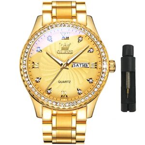 fashion gold watches for men diamond luxury men's wrist watch with day date waterproof golden stainless steel big face luminous classic dress male watches casual analog quartz watch for young man