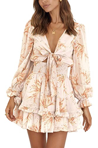 PRETTYGARDEN Women's Short A-Line Flare Dress Knot Front Long Sleeve V Neck Tiered Ruffle Swing Mini Skater Dresses (Apricot Floral,Medium)