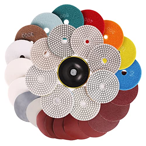 4 Inch Diamond Polishing Pads,22PCS Wet Polishing Kit with Backer Pad 50-6000 Grit Polishing Pad for Concrete Marble Stone Countertop Quartz Drill Grinder Polisher