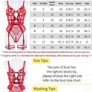 Kaei&Shi Bodysuit Lingerie for Women,Plunge Underwire Floral Lace Teddy Lingerie,Sexy Cutout Thong One Piece Body Suit with Garter Boudoir Red Medium