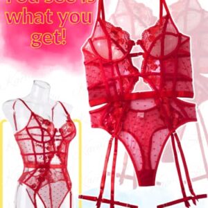 Kaei&Shi Bodysuit Lingerie for Women,Plunge Underwire Floral Lace Teddy Lingerie,Sexy Cutout Thong One Piece Body Suit with Garter Boudoir Red Medium