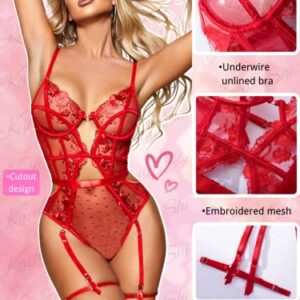 Kaei&Shi Bodysuit Lingerie for Women,Plunge Underwire Floral Lace Teddy Lingerie,Sexy Cutout Thong One Piece Body Suit with Garter Boudoir Red Medium