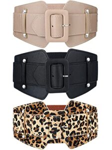 geyoga 3 pieces women waist belt elastic pu leather corset cinch belt stretchy retro corset belt chunky buckle belts waistband for dresses, leopard, brown, black