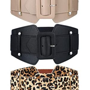 Geyoga 3 Pieces Women Waist Belt Elastic PU Leather Corset Cinch Belt Stretchy Retro Corset Belt Chunky Buckle Belts Waistband for Dresses, Leopard, Brown, Black