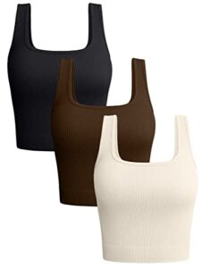 oqq women's 3 piece tank shirt ribbed seamless workout exercise yoga crop, black coffee beige, small