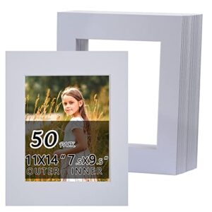 falling in art 50 pack white acid free pre cut mats - 11x14 picture frame mats for 8x10 photos with white core bevel cut matting for prints, artwork, and diy projects