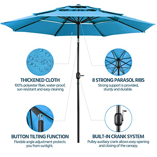 Yaheetech 3-Tier Patio Parasol - 10ft Vented Outdoor Table Umbrella w/Double-layer Cloth & Large Shade & Push-button Tilting for Yard/Garden/Park/Garden- Sky Blue