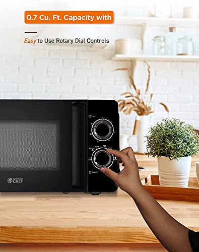 COMMERCIAL CHEF Small Microwave 0.7 Cu. Ft. Countertop Microwave with Mechanical Control, Black Microwave with 6 Power Levels, Outstanding Portable Microwave with Convenient Pull Handle