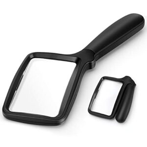 folding handheld magnifying glass with light, 3x large rectangle reading magnifier with dimmable led for seniors with macular degeneration, newspaper, books, small print, lighted for low visions black
