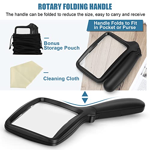 Folding Handheld Magnifying Glass with Light, 3X Large Rectangle Reading Magnifier with Dimmable LED for Seniors with Macular Degeneration, Newspaper, Books, Small Print, Lighted for Low Visions Black