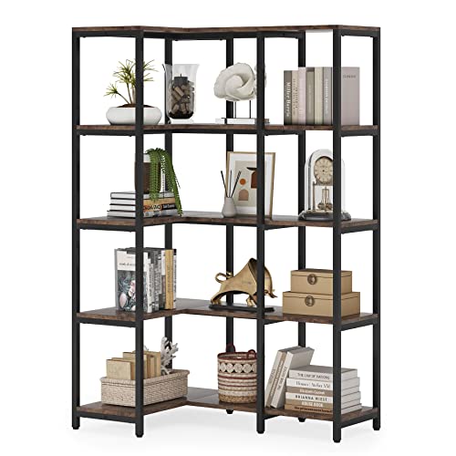 Tribesigns 5-Shelf Corner Bookshelf, 67" Tall Industrial Corner Shelf Stand Etagere Bookcase, Large Book Shelf with Metal Frame for Living Room Home Office, Rustic Brown