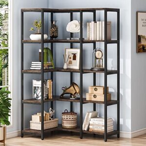 tribesigns 5-shelf corner bookshelf, 67" tall industrial corner shelf stand etagere bookcase, large book shelf with metal frame for living room home office, rustic brown