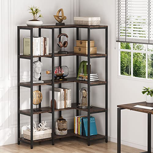 Tribesigns 5-Shelf Corner Bookshelf, 67" Tall Industrial Corner Shelf Stand Etagere Bookcase, Large Book Shelf with Metal Frame for Living Room Home Office, Rustic Brown