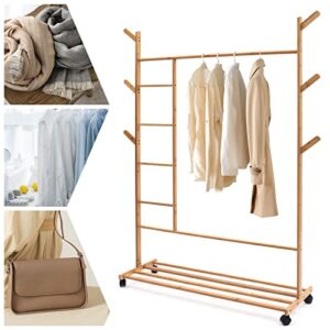 43.3" bamboo clothing garment rack, clothes coat hanger w/6 side hooks combo, free standing closet organizer rack entryway bedroom storage shelves clothes hanging rack with 360°rotation roller wheels