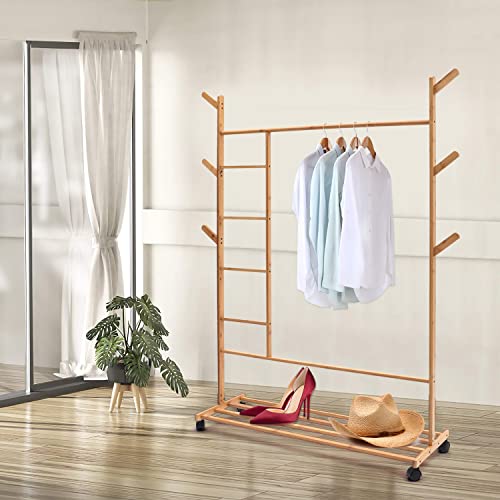 43.3" Bamboo Clothing Garment Rack, Clothes Coat Hanger w/6 Side Hooks Combo, Free Standing Closet Organizer Rack Entryway Bedroom Storage Shelves Clothes Hanging Rack With 360°Rotation Roller Wheels