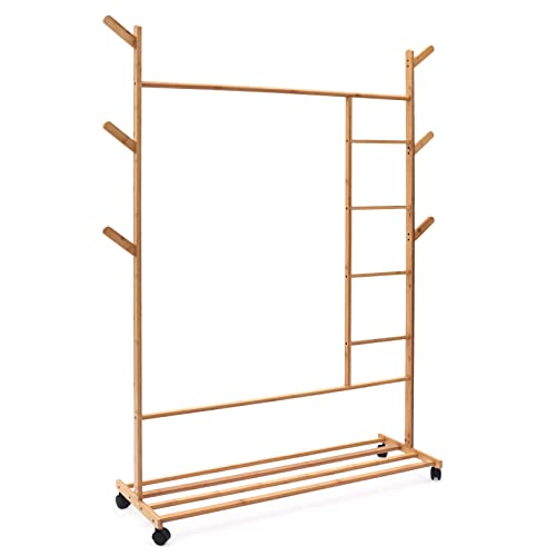 43.3" Bamboo Clothing Garment Rack, Clothes Coat Hanger w/6 Side Hooks Combo, Free Standing Closet Organizer Rack Entryway Bedroom Storage Shelves Clothes Hanging Rack With 360°Rotation Roller Wheels