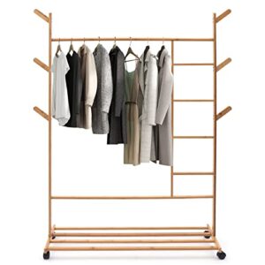 43.3" Bamboo Clothing Garment Rack, Clothes Coat Hanger w/6 Side Hooks Combo, Free Standing Closet Organizer Rack Entryway Bedroom Storage Shelves Clothes Hanging Rack With 360°Rotation Roller Wheels