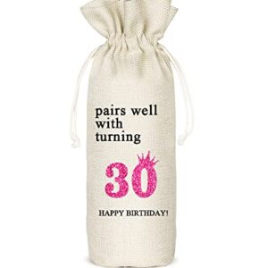 30th Birthday Wine Bag, Presents for 30st Birthday girl, 30 Years Old Gift Idea Wine Bag for Her Girl Friend, Sister, Birthday Party Decorations - Cotton linen drawstring wine bags