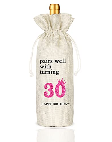 30th Birthday Wine Bag, Presents for 30st Birthday girl, 30 Years Old Gift Idea Wine Bag for Her Girl Friend, Sister, Birthday Party Decorations - Cotton linen drawstring wine bags