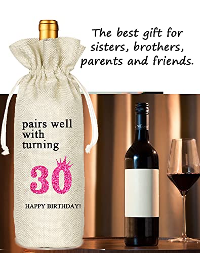 30th Birthday Wine Bag, Presents for 30st Birthday girl, 30 Years Old Gift Idea Wine Bag for Her Girl Friend, Sister, Birthday Party Decorations - Cotton linen drawstring wine bags