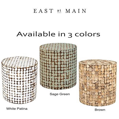 East at Main Round Side Table - 16”Dia x 16.5” h Living Room, Entryway, Small Spaces, Bedside Tables - Real Coconut Shell Mosaic Inlaid, Pre-Assembled, Natural and Sage Green Patina Finish