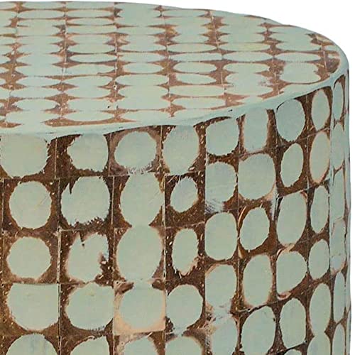 East at Main Round Side Table - 16”Dia x 16.5” h Living Room, Entryway, Small Spaces, Bedside Tables - Real Coconut Shell Mosaic Inlaid, Pre-Assembled, Natural and Sage Green Patina Finish