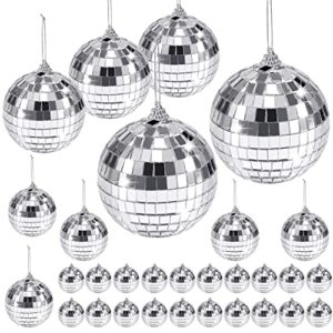 30 pack mirror disco ball,mini disco ball decorations,reflective mirror ball ornaments,small silver hanging disco balls with rope for christmas tree wedding party dance music festivals decor,4 sizes