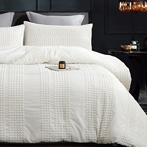 Cupocupa King Size Comforter Set;White Comforter Boho Tufted Lightweight Bedding Sets 3PCS Pom Pom Comforter Soft Jacquard Comforter with 2 Pillow Cases for All Season